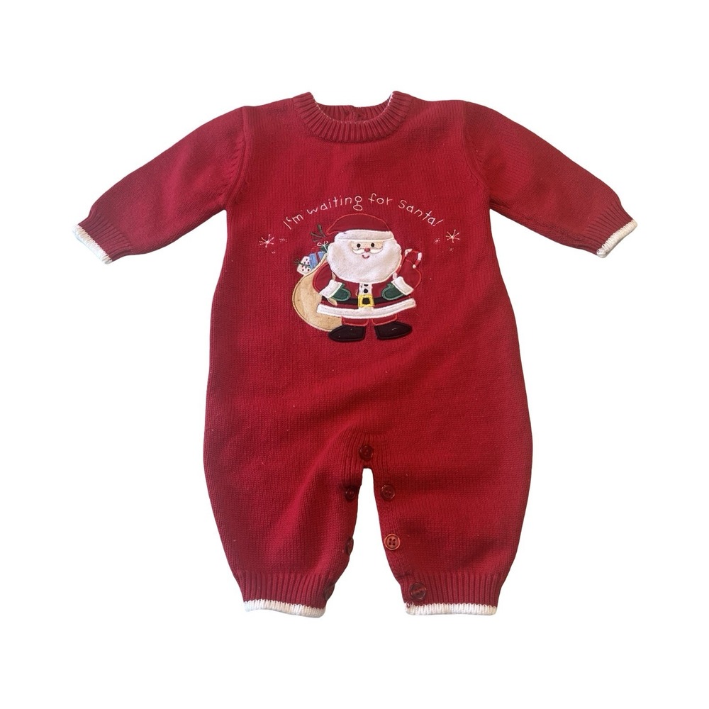 Baby Red Knit Christmas Romper Santa Claus Embroidered 0-3M 100% Cotton‎ 873683